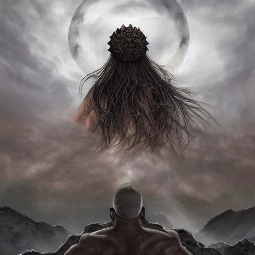 Image similar to a colossal goddess is watching us from above, creative, brown skin, giant, digital art, highly detailed, photo manipulation, dark clouds, town, covered in clouds, covered by clouds, dark gray hair, digital painting, artstation