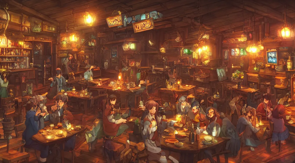 Prompt: A multidimensional cozy tavern, screenshot from anime hidden object game, cinematic lighting, epic composition, cartoon, animation, background art, post processing, 8K resolution