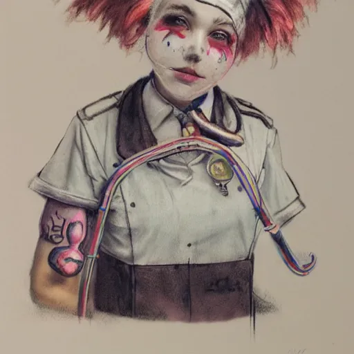 Image similar to clowncore pastel punk young hospital nurse wearing stylish uniform. detailed, portrait, 8 k, artwork by jean - baptiste monge