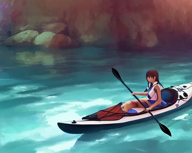 Prompt: a girl in a kayak in a river. blue water, atmospheric lighting. by makoto shinkai, stanley artgerm lau, wlop, rossdraws, james jean, andrei riabovitchev, marc simonetti, krenz cushart, sakimichan, d & d trending on artstation, digital art.