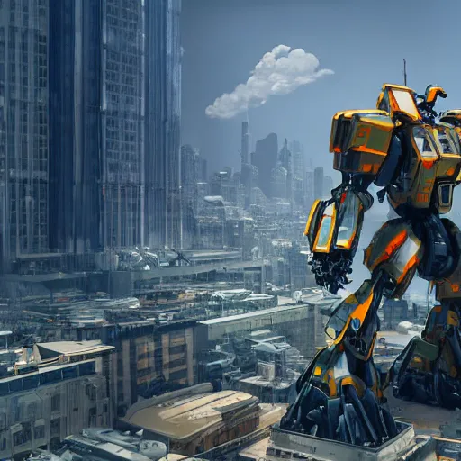 Image similar to a beautiful hyperrealistic ultradetailed 3D render of a gigantic mecha standing over the city, by brian sum and stephen martiniere and Antonio Manzanedo. mech, dragon, unreal engine, octane render, PBR, 3D, brilliantly colored, intricate, wide angle, volumetric lighting, polished, path tracing