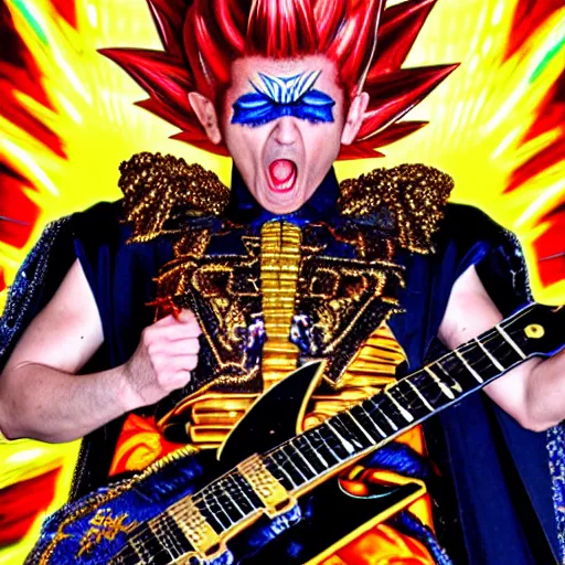 Image similar to uhd photorealistic detailed image of max voltage, the rock and roll emperor, dressed as super saiyan emperor, powering up, wearing extremely intricate rock and roll emperor costume and emperor makeup, with an emperor's electric guitar, by ayami kojima, amano, and karol bak