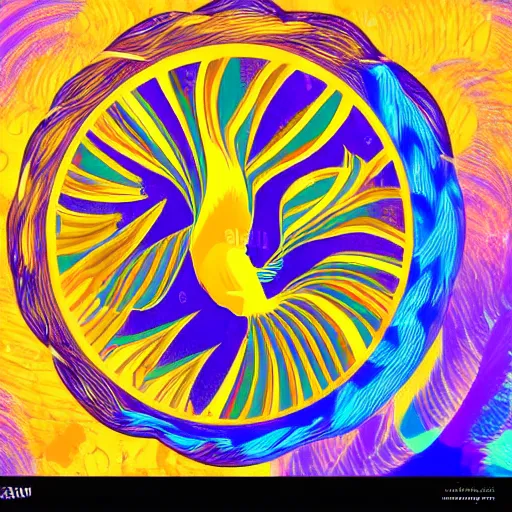 Image similar to phoenix salt bird round composition rebirth orange purple symbolism swirl tail feather graphic design
