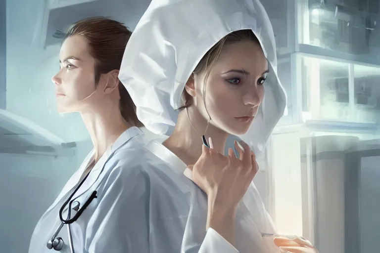 Prompt: a poster of emergency room, an elegant and beautiful female doctor in a white coat in a hospital ward, cinematic, highly detailed, digital painting, artstation, concept art, matte, sharp focus, illustration, art by artgerm and greg rutkowski