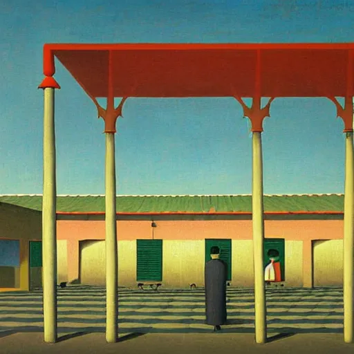 Image similar to A painting of a hawker centre by Rene Magritte