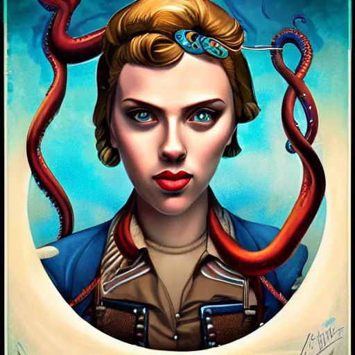 Image similar to lofi underwater bioshock steampunk portrait of scarlett johansson, octopus, Pixar style, by Tristan Eaton Stanley Artgerm and Tom Bagshaw.