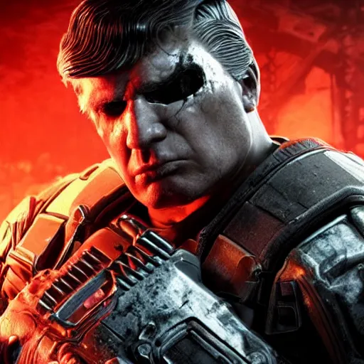 Prompt: Photo portrait of Donald Trump as ((the punisher)) in Gears of War, splash art, movie still, detailed face, photorealistic facial features, cinematic lighting, dramatic, octane render, long lens, shallow depth of field, bokeh, anamorphic lens flare, 8k, hyper detailed, 35mm film grain