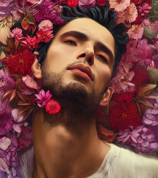 Image similar to portrait of a very handsome peruvian male model, surrounded by flowers by karol bak, james jean, tom bagshaw, rococo, trending on artstation, cinematic lighting, hyper realism, octane render, 8 k, hyper detailed.