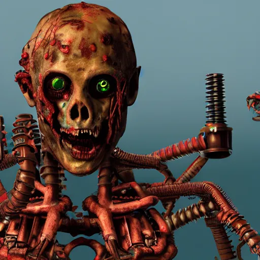 Prompt: fleshy-mechanical-zombie-cyborg, industrial park, high detail, photorealistic, 4K