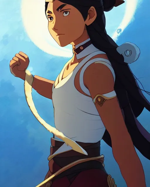 Image similar to katara from avatar as an azctec warrior, detailed perfect face, exquisite details, fire magic, mid view, design on a white background, by studio muti, greg rutkowski makoto shinkai takashi takeuchi studio ghibli