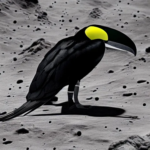 Image similar to photography hyperrealistic tucan on the moon
