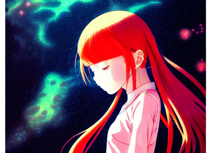 Image similar to anime portrait of a young girl floating inside a nebula, outlined,masakazu katsura, tsuruta kenji, murata range,kawaii, kyoto animation, manga, intricate, detailed, studio lighting, orange red black white, gradation,editorial illustration, matte print, Ilya Kuvshinov