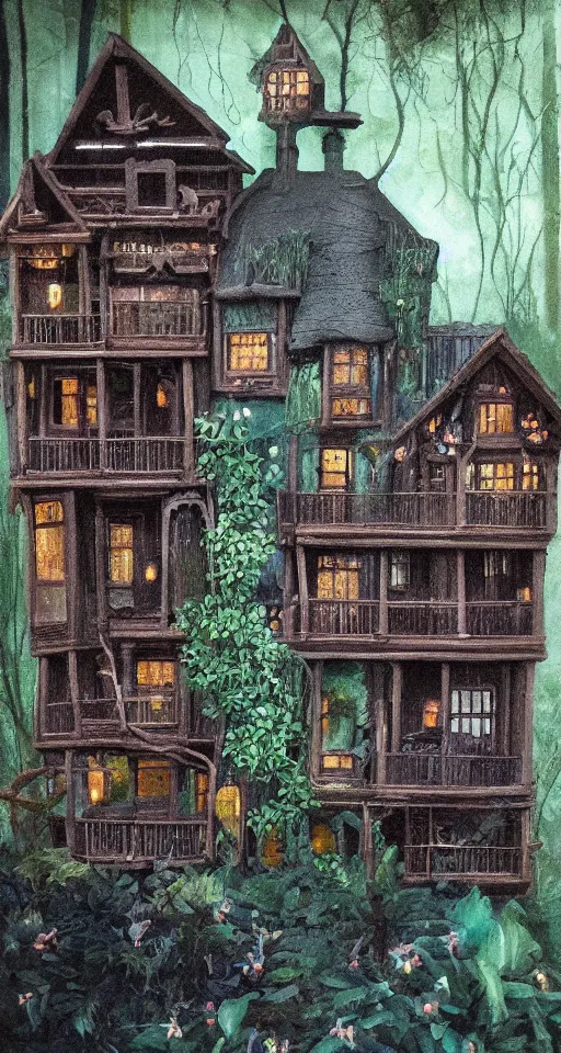 Image similar to victorian house made of wood in a dark forest with obsidian trees and Opal flowers, jade, lapis, eerie, painting