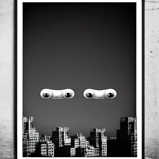 Prompt: a print of three realistic eyes floating in the sky over a city, high contrast, low key, black and white, vintage poster, film grain