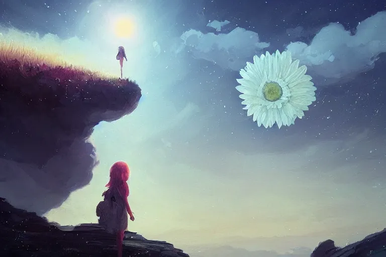 Image similar to giant white daisy flower as a head, girl standing on cliff, surreal photography, solar eclipse, stars, dramatic light, impressionist painting, clouds, digital painting, artstation, james gilleard, liam wong, jeremy mann, simon stalenhag