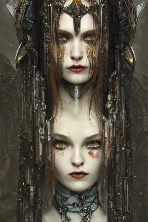 Image similar to portrait of beautiful young gothic maiden, cyberpunk, Warhammer, highly detailed, artstation, illustration, art by Gustav Klimt