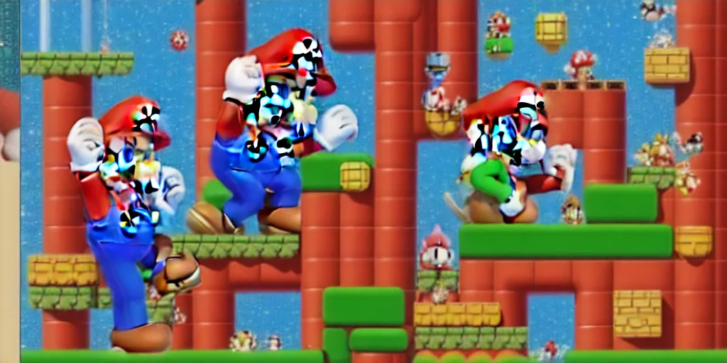 Image similar to super mario bros. fighting with ulrtraman fly to universe, 8 k