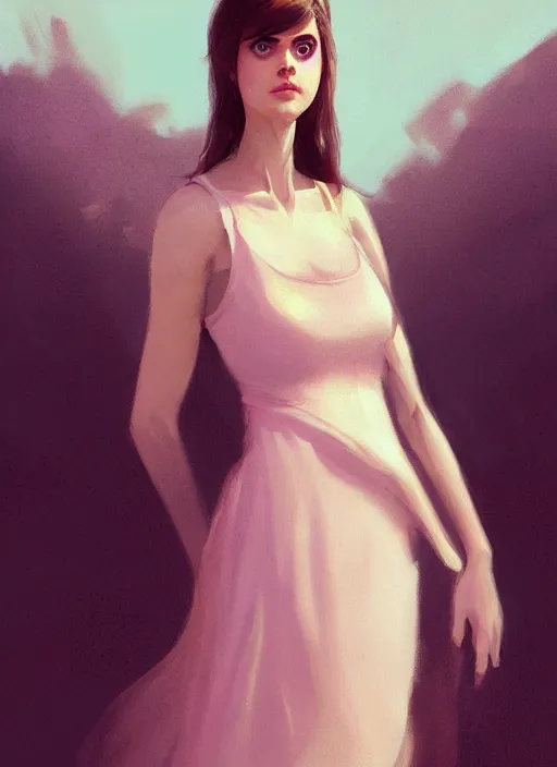 Image similar to a digital painting of Alexandra Daddario wearing a sundress, by netter, beautiful, gorgeous, long hair, style from greg rutkowski, beautiful eyes, full frame, oil painting, featured on artstation, concept art, smooth, sharp focus, illustration, very detailed, ambient lighting, unreal engine render, concept art by Atey Ghailan, by Loish, by Bryan Lee O'Malley