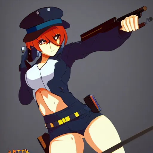 Image similar to stunning police woman pointing gun, cinematic shot, animation cel for anime movie, designed by haruhiko mikimoto, studio trigger, gainax, intense colors, trending on artstation, fan favorite design