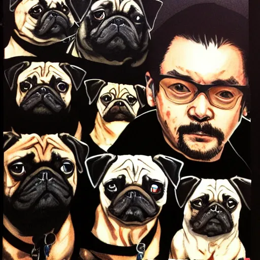 Image similar to self portrait showing family of pugs by yoji shinkawa, extra details, colored, 4 k, dynamic lighting