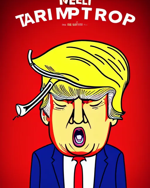 Image similar to painting portrait of trump with trumpet hair, cartoon, warm lighting, trump has hair as a trumpet, trumps hair is coming out as trumpet. movie poster, illustration by bartek fedyczak, erak note, tooth wu, neil richards, kan liu, siwoo kim, jisu choe, trending on art station