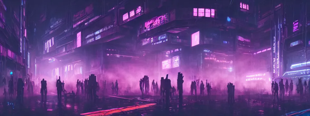 Prompt: matte painting of a dark neon cyberpunk underground rave in the film ghost in the shell, trending on artstation, 8k, ultra hd