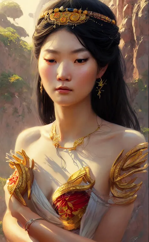 Image similar to a beautiful taiwan goddess with sundress with jewelry | | winter, realistic shaded, unpleasant face, good looking, fine details, realistic shaded lighting poster by greg rutkowski, magali villeneuve, artgerm, jeremy lipkin and michael garmash and macoto takahashi