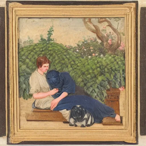 Prompt: a man and a woman sitting on a bench surrounded by plants, a dog sleeping by their feet, french painting style ,