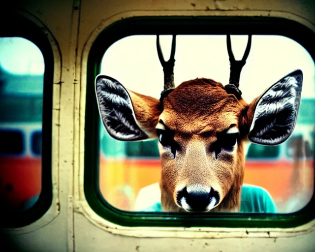 Image similar to a lomography photo of rumble between two human with deer head in soviet train this morning, bokeh,