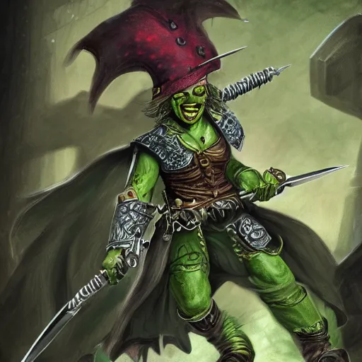 Image similar to character portrait of a wild - eyed green - skinned androgynous goblin pirate wielding daggers and wearing fully clothed leather armor. d & d. warhammer fantasy. digital painting. high detail.