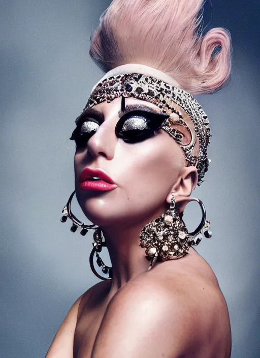 Image similar to lady gaga styled by nick knight posing, photohoot, set pieces, intricate set, vogue magazine, canon, highly realistic. high resolution. highly detailed. dramatic. 8 k. 4 k.