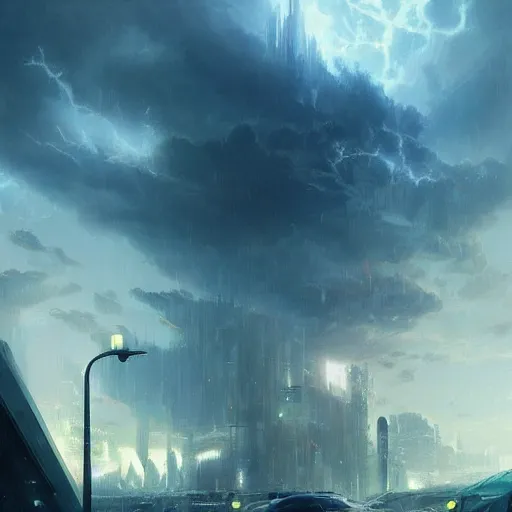 Image similar to concept art of a futuristic city near to a big lake by greg rutkowski, storm clouds, nostalgic, very very very beautiful art, cinematic lighting, romanticism by goya, bright pastel color, blue sky