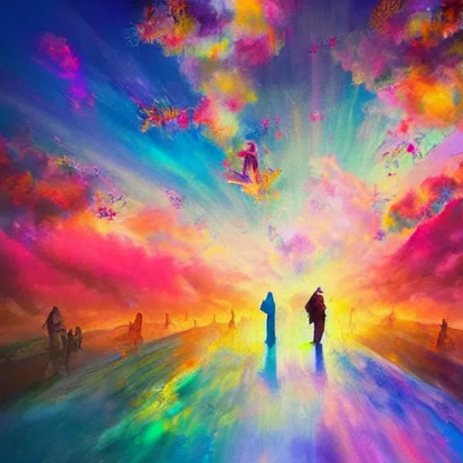 Image similar to a dreamlike painting of a colourful heaven filled with smartphones, artistic, high quality, epic lighting