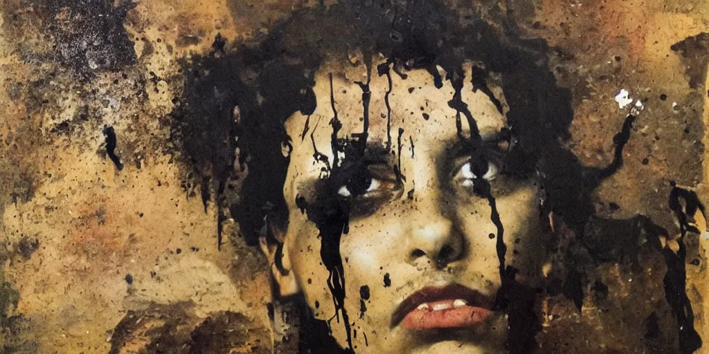 Prompt: an abstract portrait close, peaceful, medium shot, painted by Eugene Delacroix, Antoni Tapies, oil paint, realistic, spot of black melting paint drips all over