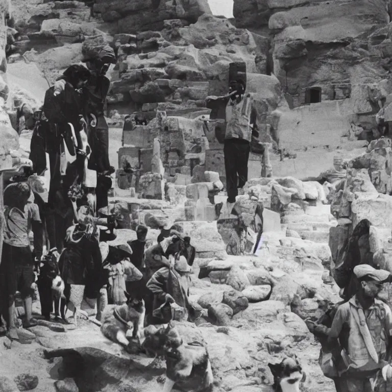 Image similar to black and white photo of explorers finding egypt's famous shiba inu temple