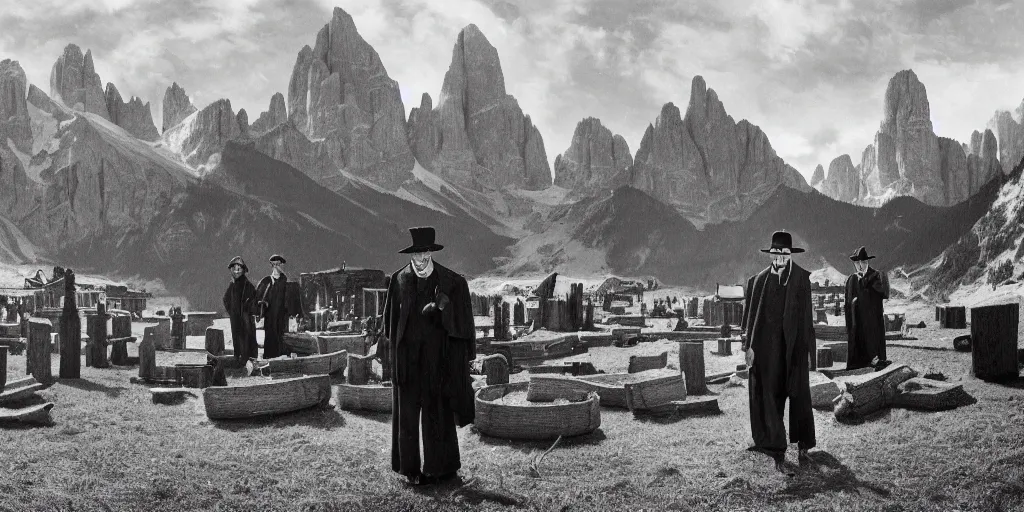 Image similar to 1920s photography of occult priests with hay coats and horn with dolomites in the background, occult signs, witch burning, pyre, solstice fire, alp, dolomites, alpine, detailed intricate insanely detailed octane render, 8k artistic 1920s photography, photorealistic, black and white, chiaroscuro, hd, by David Cronenberg, Raphael, Caravaggio