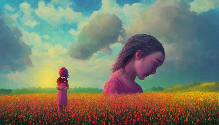 Prompt: girl with a giant flower instead of face, surreal photography, dream, standing in flower field, hills, big trees, sunrise dramatic light, impressionist painting, colorful clouds, digital painting, pointillism, artstation, simon stalenhag, flower face