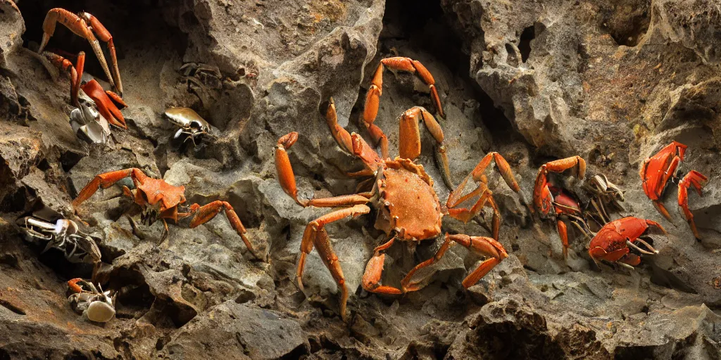 Image similar to crabs feeding on carrion inside of a dark cave, speleothems, geologic stratum, torch light, rituals, organs, extremely detailed, photorealistic, 4 k, 8 k