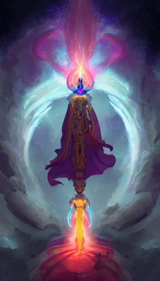 Image similar to cosmic god with a cape, epic scene, colors, holy, full body, galaxy, and, stars, atmosphere, unreal engine, pixar, video game, ethereal, insanely detailed, symmetrical, concept art, peter mohrbacher, charlie bowater, artstation, cinematic, video game, digital painting, artist maena, 4 k