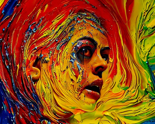 Image similar to still shot close up footage of the portrait of a female head exploding and disintegrating into acrylic pour and splashing paint and dripping paint, thick impasto paint, embossed paint, big flying chunks of paint, painful emotions, motion blur, hyperrealistic, medical, intricate art photography, anatomically correct, realistic crisp textures, 1 6 k