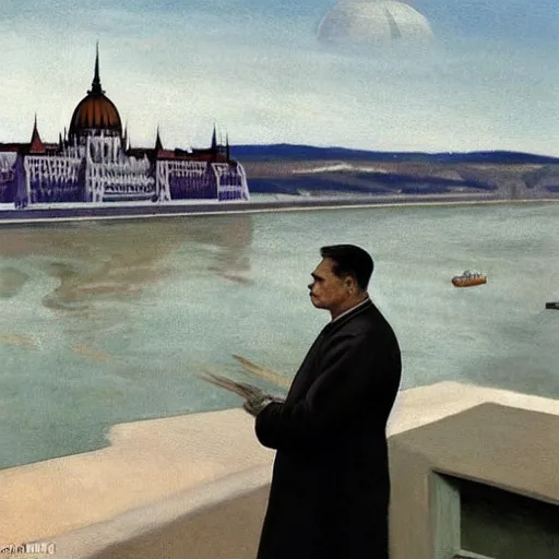 Image similar to leader of fascist hungary, viktor orban, overseeing the war torn city on the bank of danube river in budapest during the siege 1 9 4 5, by edward hopper