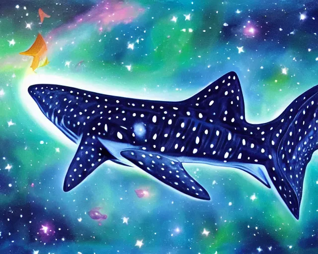 Image similar to gouache painting of a whale shark flying through a swirling, luminous nebula, elegant, ultra detailed, gouache illustration of whale - shark floating through a colorful nebula