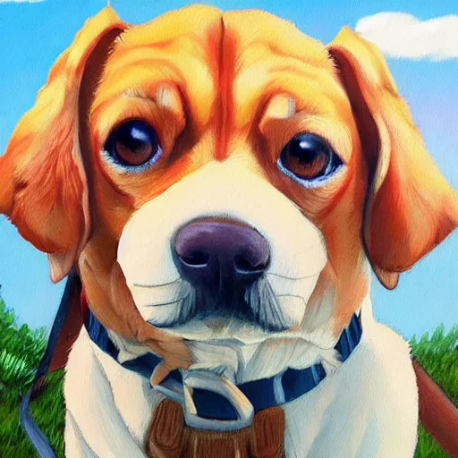 Image similar to painting of cute dog, full size, in style of studio ghibli, photorealistic