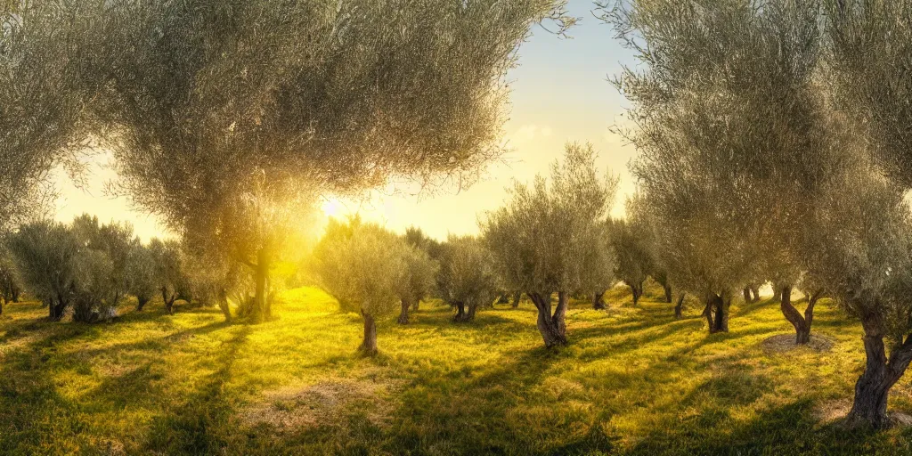 Image similar to flourishing blooming garden full of olive trees in italy, painting, matte painting, canvas, 4 k, 8 k, high detail, golden hour, sunset, epic light, shadows, contrast,