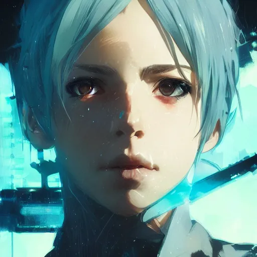 Image similar to realistic portrait of Sinon from sword art online, short blue hair, dramatic lighting, illustration by Greg rutkowski, yoji shinkawa, 4k, digital art, concept art, trending on artstation