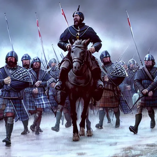 Prompt: robert the bruce leading scottish troops at bannockburn to fight the english, 4 k, concept art, by wlop, ilya kuvshinov, artgerm, krenz cushart, greg rutkowski, pixiv. cinematic dramatic atmosphere, sharp focus, volumetric lighting, cinematic lighting, studio quality