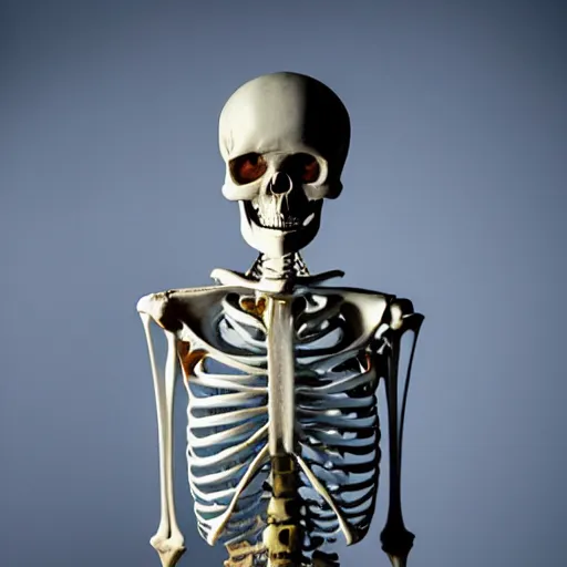 Prompt: a human skeleton made of clear glass