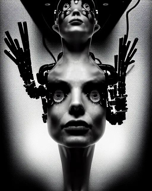 Image similar to black and white cyborg-plant goddess high quality photo, artificial intelligence, bio-mechanical bio-luminescence, artificial spider web, neurons, nerve cells, octane render, cinematic, rim light, hyper realism, photo-realistic, high detail, 8k, in the style of Steven Meisel and Dora Maar and H.G. Giger