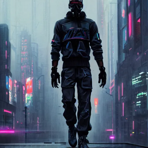 Image similar to A broad shouldered, muscular man in an Acronym techwear outfit, Acronym P31-ds pants, high quality, digital art, dire cyberpunk city, gray sky, neon signs in background, greg rutkowski