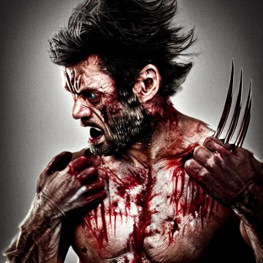 Image similar to the wolverine, scream, zombie, full body shot, butcher by yousuf karsh, golden hour, realistic, body shot, sharp focus, 8 k high definition, insanely detailed, intricate, elegant